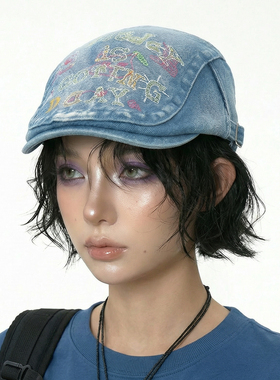 春夏女款刺绣贝雷帽大头围显小脸