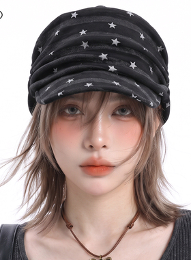 韩系复古条纹星星报童帽马术帽