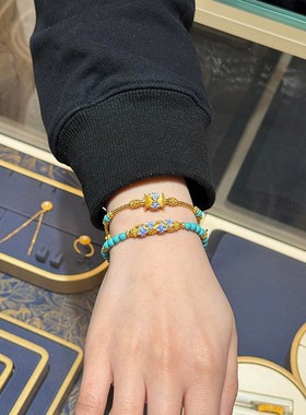 人造绿松石色青花手链新中式金色