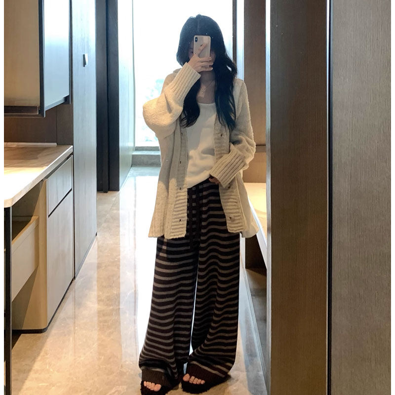 孕妇裤子加绒慵懒风厚实条纹阔腿裤宽松无托腹秋冬款针织休闲长裤,淘宝优惠券,粉丝福利购,淘宝优惠卷