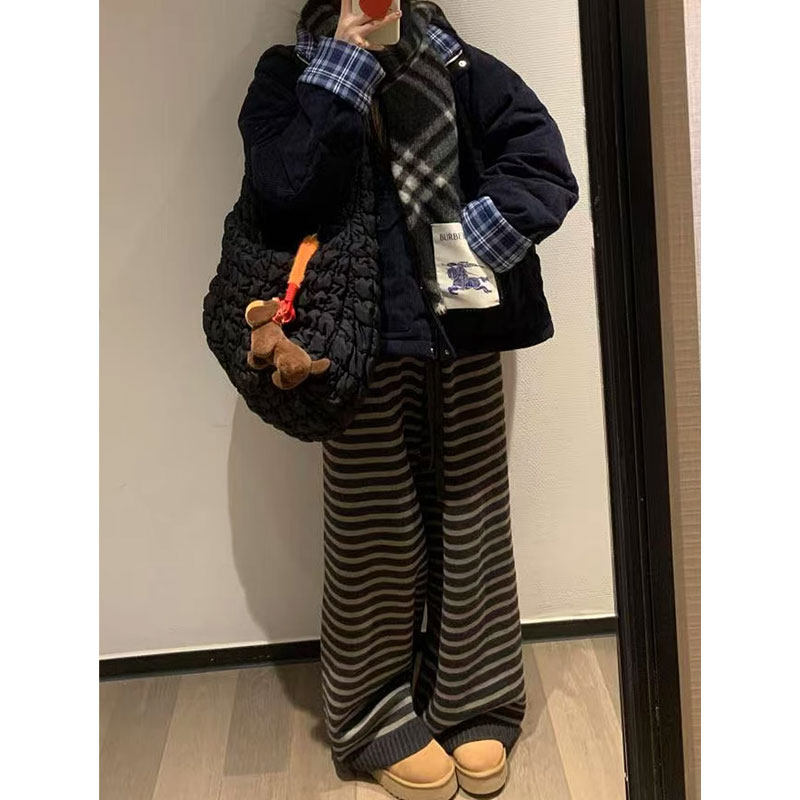 孕妇裤子加绒慵懒风厚实条纹阔腿裤宽松无托腹秋冬款针织休闲长裤,淘宝优惠券,粉丝福利购,淘宝优惠卷