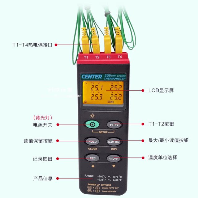 Qunte CENTER-300 Thermometer Furnace Temperature 309