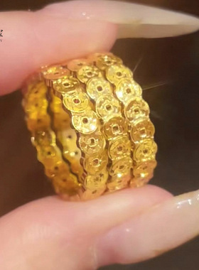 金店同款沙金碎冰钱多多铜钱戒指镂空钱币闭口指环轻奢送女友礼物