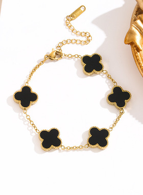 18k玫瑰金 不掉色网红时尚四叶草钛钢手链女贝壳潮个性设计手饰品