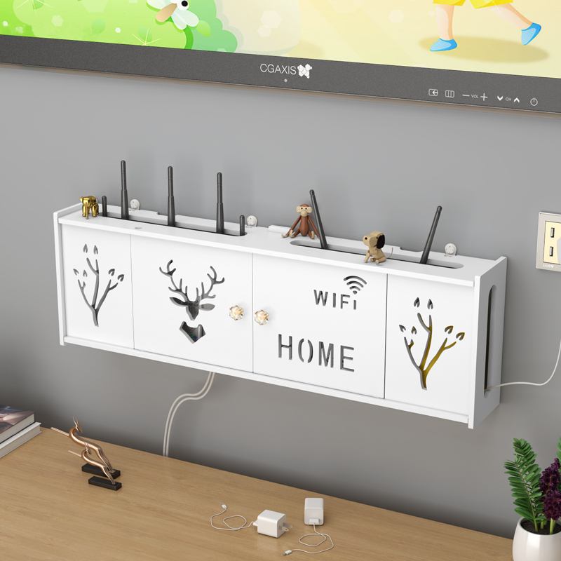无线路由器收纳盒壁挂式免打孔WiFi置物架猫装饰遮挡箱机顶盒架子 - 图0