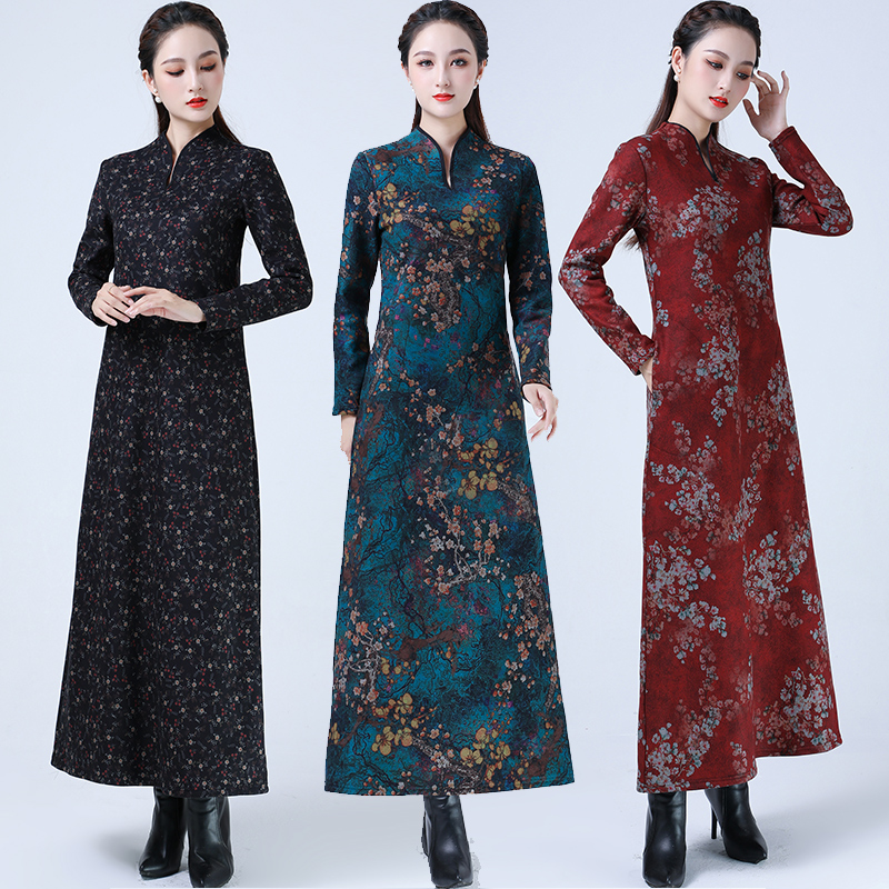 黑色阔太太气质碎花中年妈妈改良旗袍新款秋冬打底加绒加厚连衣裙 - 图2