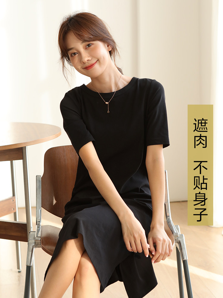 中袖黑色连衣裙女春秋大码胖mm半袖纯棉过膝裙200斤宽松长款t恤裙