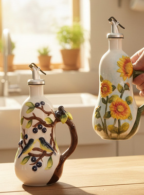 欧式创意手绘陶瓷调味瓶花鸟水果纹饰酱油醋油瓶摆件家居厨房装饰