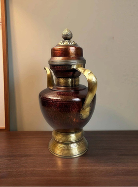 藏式做旧古色贲巴壶雕花酥油茶壶铜壶敬水壶文巴壶家居摆件民族风