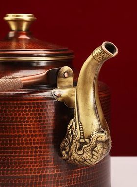 藏式吉祥铜材碳炉柴火烧水壶格桑花手工马龙头家用摆件铜壶