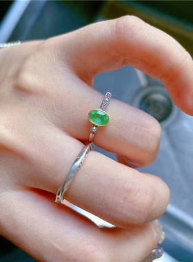 ninisn 925银显白起荧起胶赞比亚祖母绿戒指不对称简约时尚设计女