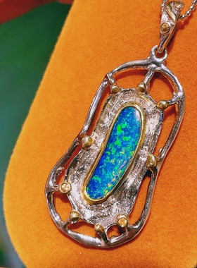 好事花生 925银镀金天然黑欧泊澳大利亚欧泊吊坠锁骨链opal冷色调