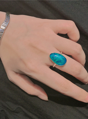 ninisn 蓝绿色美人鱼天然澳大利亚黑欧泊戒指 925银活口礼物澳宝