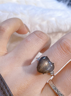 ninisn 925云镶嵌黑金骨干戒指爱心日月同辉低调大气甜酷女士礼物