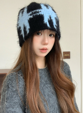 小众个性提花毛绒针织冷帽女秋冬复古时髦保暖显脸小套头毛线帽子