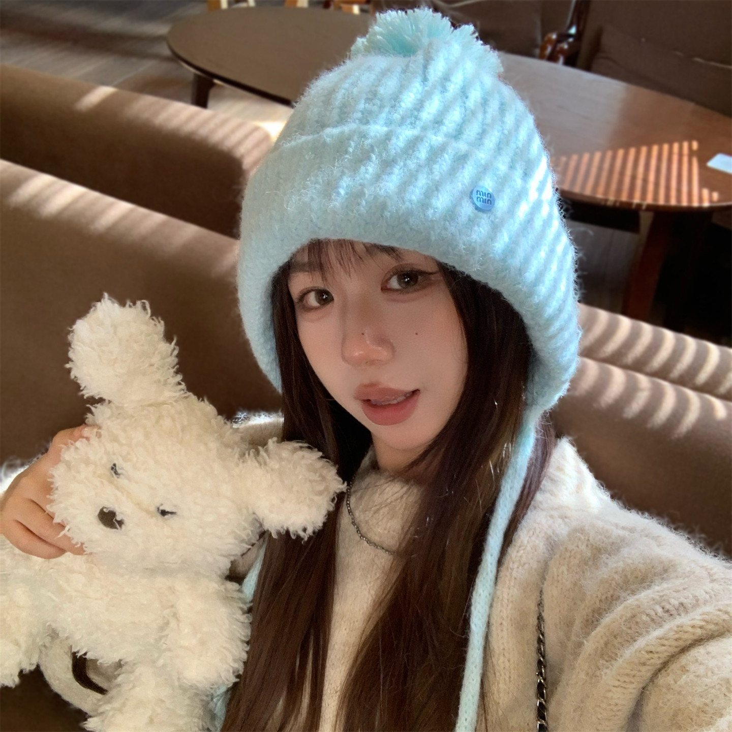 蓝色毛球针织护耳帽女秋冬韩版百搭显脸小毛线帽加厚保暖包头帽子,淘宝优惠券,粉丝福利购,淘宝优惠卷