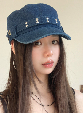 韩系复古铆钉牛仔平顶贝雷帽女