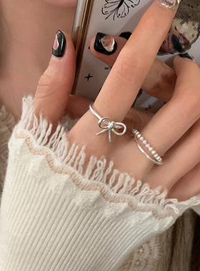 手工复古双层珍珠交叉指环戒子个性小众蝴蝶食指戒高级感