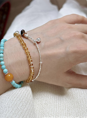 新中式复古绿松石天然蜜蜡不规则巴西黄水晶手串叠戴小众百搭简约