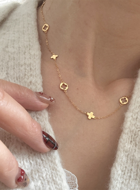 s925通体纯银镂空四叶花朵项链素光面简约百搭小众ins温柔气质女