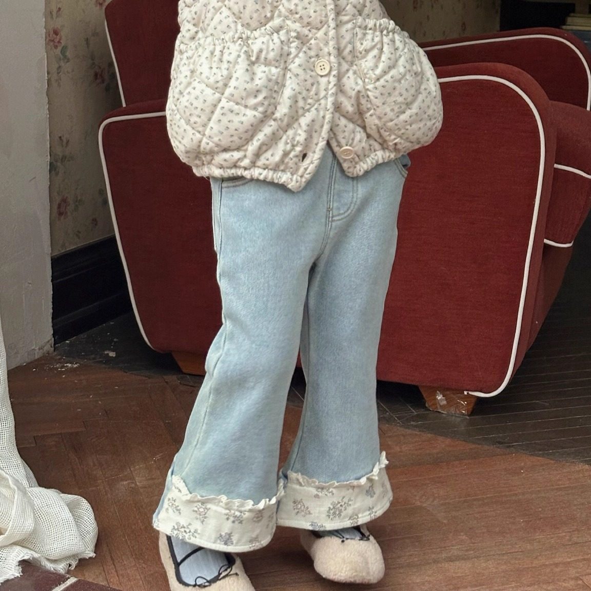 【正品现货】Coco女童牛仔裤子加绒2025冬装新款儿童韩版微喇碎花,淘宝优惠券,粉丝福利购,淘宝优惠卷