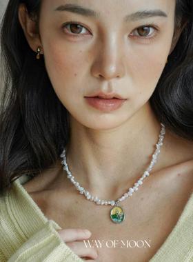 WAY OF MOON原创设计天然淡水珍珠轻奢高雅玫瑰花镜叶子吊坠项链