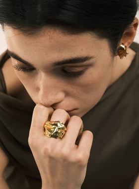 【森制SHINSEI官方】手工雕纹褶皱宽戒指 原创设计纯银饰品