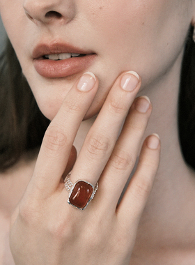 【森制SHINSEI官方】八角红玛瑙双层链条戒指 纯银天然石