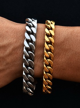 男女钛钢嘻哈潮流风金色拉丝古巴