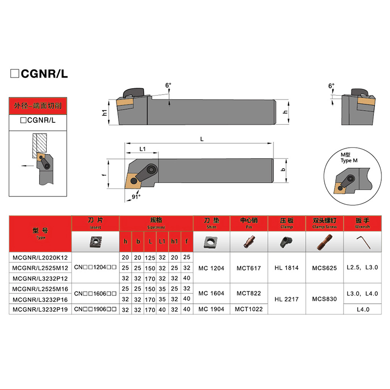 91度M型外圆车刀MCGNR MCGNL 1616H12 2020K12 2525M12 3232P12 - 图2