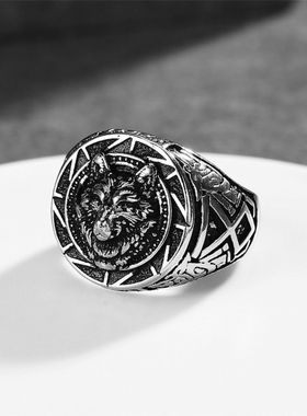嘻哈潮男钛钢复古维京狼头戒指