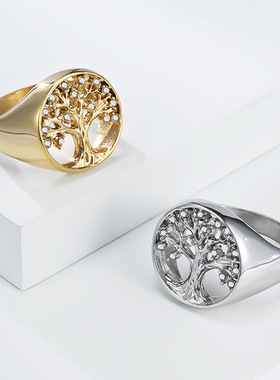 男女钛钢镶水钻镂空生命之树戒指