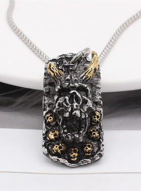 潮男钛钢复古羊角怪兽骷髅头项链