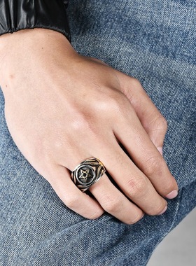 潮男女撒旦巴弗灭羊头五芒星戒指