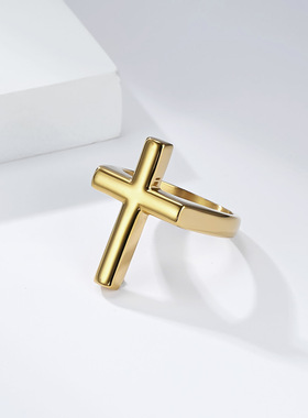 时尚简约钛钢抛光面十字架戒指