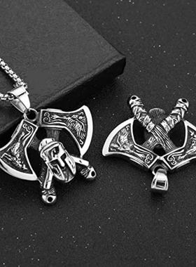 潮男钛钢维京奥丁武士双斧头项链