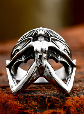 潮男女复古钛钢哥特翅膀魔女戒指