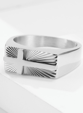 男女钛钢简约十字架圣光印章戒指