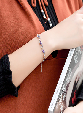 紫色水晶银手链女纯银森系闺蜜
