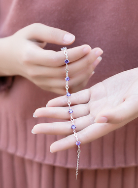 银手链女纯银紫色水晶