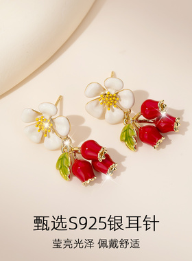 红色耳饰女银耳环耳坠