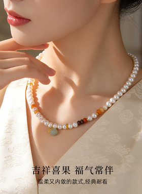 【新品】柿柿如意和田玉吊坠珍珠纯银项链女款高级轻奢小众配饰品