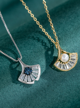 扇形纯银网红气质吊坠珍珠项链