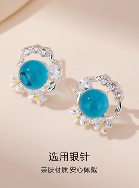 蓝色透明星球花朵耳钉独特