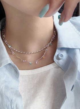 韩系ins时尚简约高级感彩色锆石链条项链轻奢小众气质百搭锁骨链