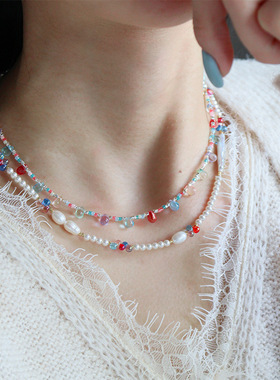 原创时尚气质百搭彩色多巴胺淡水珍珠叠戴项链轻奢高级感锁骨