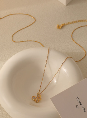 法式新款轻奢微镶锆石蝴蝶珍珠项链百搭高级感ins小众叠戴锁骨链