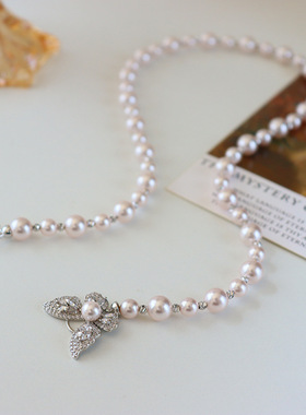 时尚复古镶锆石蝴蝶施家珍珠项链女轻奢小众气质高级感百搭锁骨