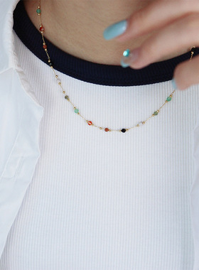欧美时尚简约气质百搭彩色多巴胺锆石珠项链轻奢高级感复古锁骨
