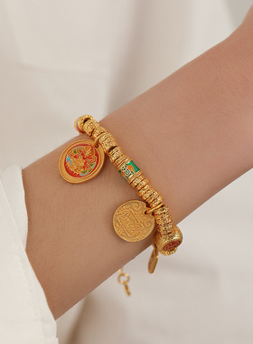 新中式古法沙金黄财神吉言盘缠手链时尚复古轻奢百搭高级感手饰